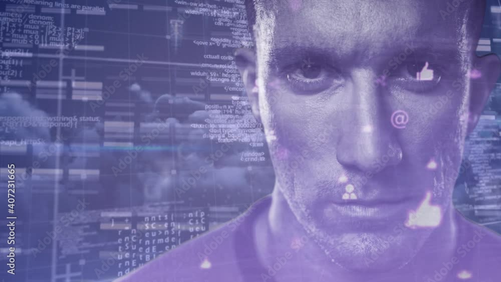 Poster animation of man's face against network of connections with icons and data processing