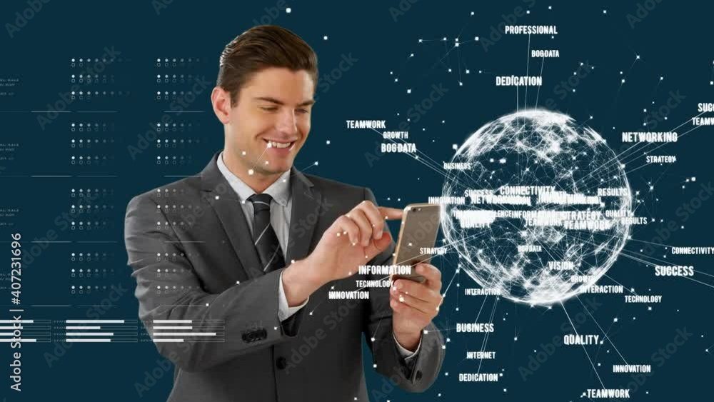 Poster animation of globe of network of connections with business text over businessman using smartphone