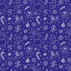 Cute Christmas seamless pattern with hand drawn illustrations in doodle style on blue background.