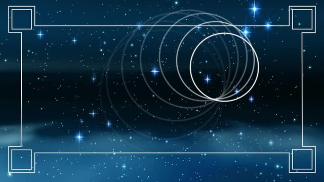 Animation of glowing multiple circles with white frame over glowing stars on night sky