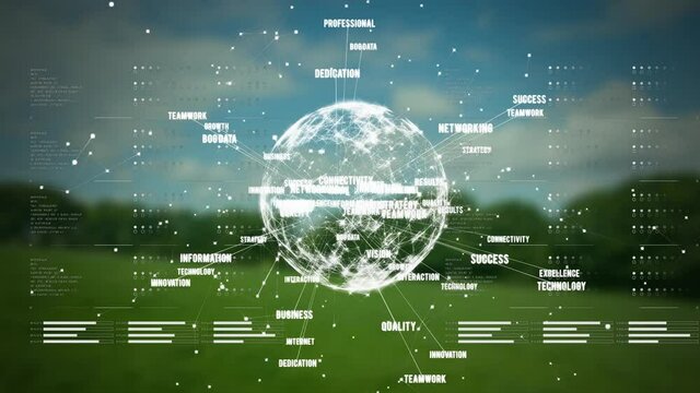 Animation of globe of network of connections with business text over blurred landscape