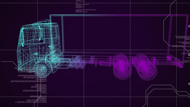 Animation of green to pink 3d drawing of truck and technical data processing