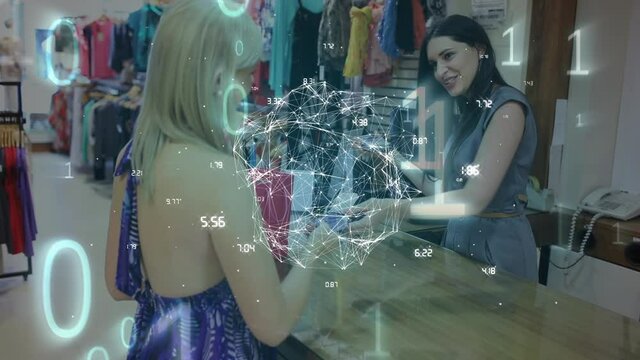 Animation of globe of network of connections with binary coding over woman making contactless paymen