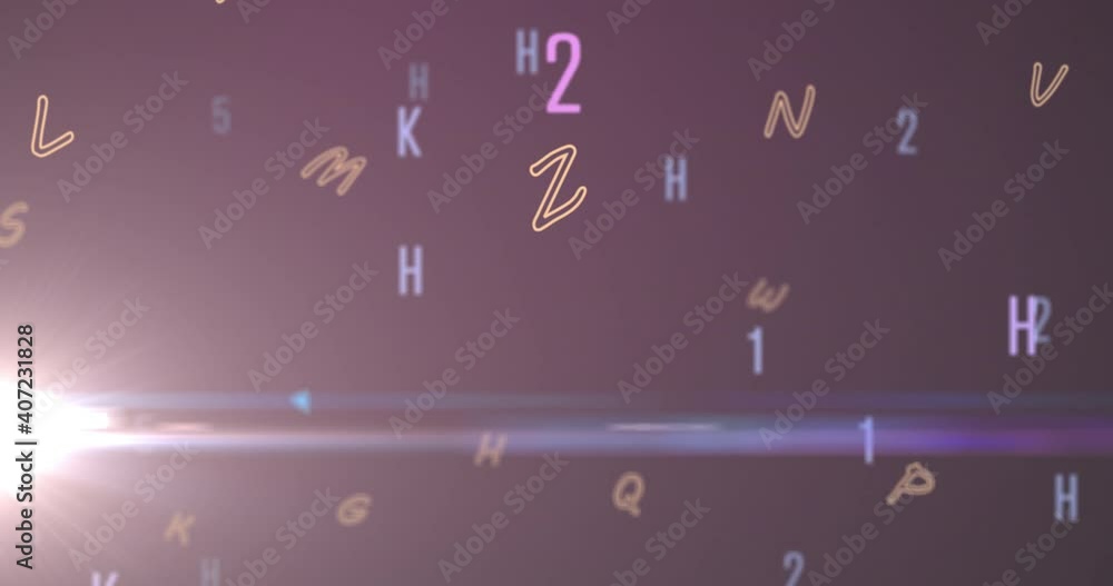 Poster digital animation of multiple changing numbers and alphabets against spot of light on purple backgro
