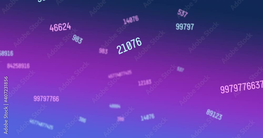 Poster digital animation of multiple changing numbers against purple and blue gradient background