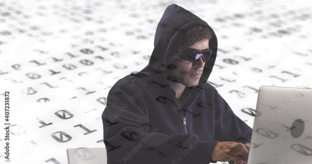 Poster digital composition of male hacker using laptop against binary coding data processing on white backg
