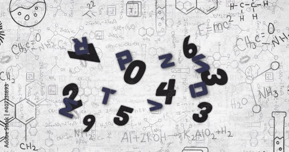 Aufkleber digital animation of multiple numbers and alphabets floating against chemical structures on white ba