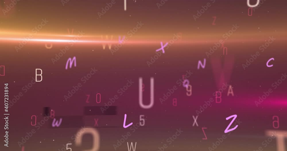 Poster digital animation of multiple numbers and alphabets floating against spot of light on purple backgro
