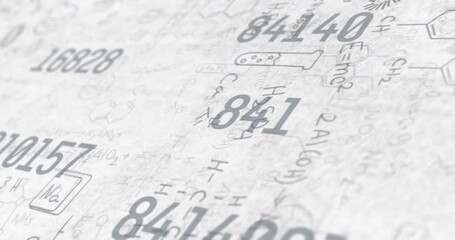 Digital animation of multiple changing numbers against chemical structures and formulas on grey back - Powered by Adobe