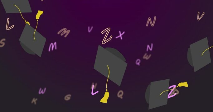 Digital animation of multiple graduation hats falling against multiple alphabets floating against pu