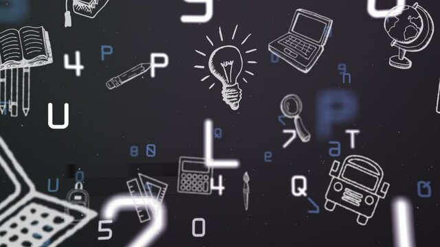 Digital animation of school concept icons against multiple changing numbers and alphabets floating a