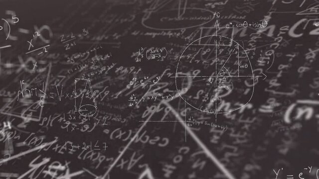 Digital animation of mathematical equations and diagrams floating against black background