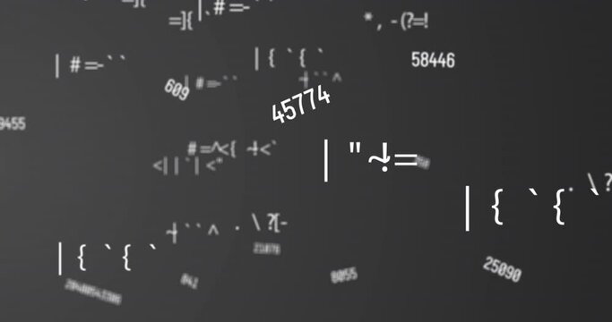 Digital animation of multiple changing numbers and symbols floating against grey background