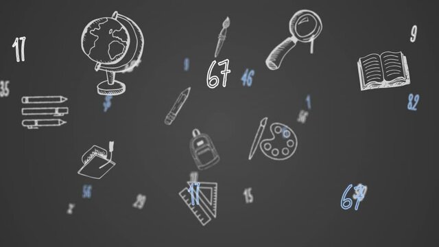 Digital animation of school concept icons against multiple numbers and symbols on grey background