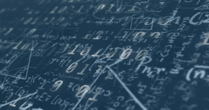 Digital animation of binary coding data processing against mathematical equations on blue background