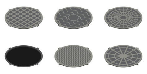 Set of isometric sewer hatches with different design isolated on white background