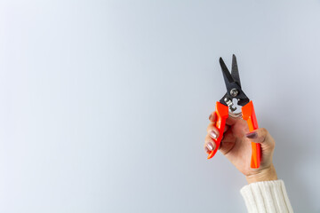 Naklejka premium Hands of middle age female gardener. - Woman with secateur on white background.