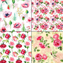 Seamless floral background Pink red flowers Poppy rose eustoma peony