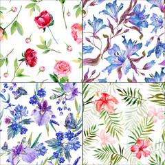 Seamless floral background Purple lily, iris, pink peony, hibiscus pattern