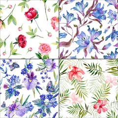 Foto op Plexiglas Seamless floral background Purple lily, iris, pink peony, hibiscus pattern © inna72