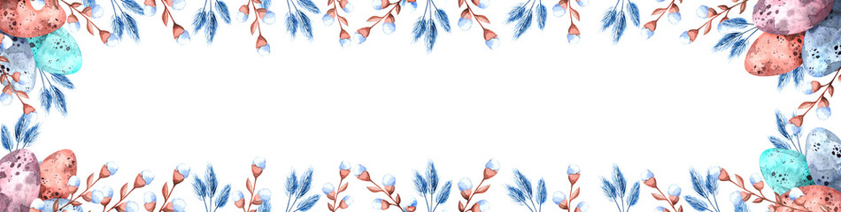 Watercolor border with colorful Easter eggs and willow branches for Easter on a white background, Happy Easter-illustration for holidays, packaging, web banner © Vasia_illi