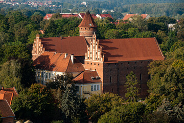 Top view of the medieval gothic castle in Olsztyn against the background of forests and sky
