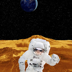 Astronaut posing on extrasolar planet. Earth similar planet on the background. The elements of this image furnished by NASA.