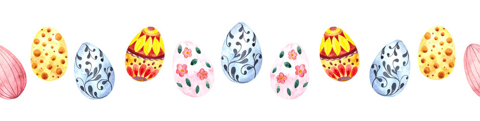 Watercolor seamless border with colorful Easter eggs for Easter on a white background. Happy Easter-illustration for holidays, packaging, web banner