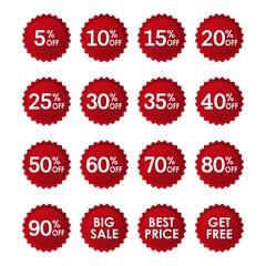 Set of red discount stickers or sale labels. Christmas, new year, black friday, cyber monday or winter autumn sale percents. Shop, retail, promotion tag icon.