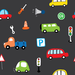 Naklejka premium Cute Cars Seamless Pattern, Cartoon transportation Doodles Background, vector Illustration