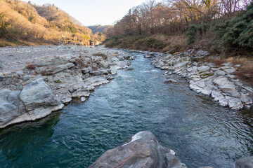 秩父 長瀞　岩畳　冬の風景　landscape with  schist rock in Chichibu, Japan	