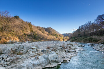 秩父 長瀞　岩畳　冬の風景　landscape with  schist rock in Chichibu, Japan	