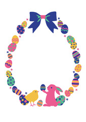 Obraz premium Easter decoration. Easter frame of colored easter eggs, rabbit and chick on white background with space for text. 