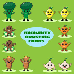 Obraz premium Illustration vector graphic cartoon character of brocoli, lemon, orange,kiwi,turmeric,garlic. Immunity boosting foods.