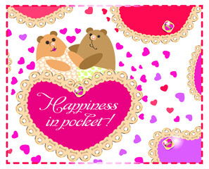 Happiness is in your pocket. Valentine's Day.Cute animals.A postcard. A pair of bears in love. Family, lovers, father and mother, husband and wife, spouses. Hearts and lots of pink hearts.