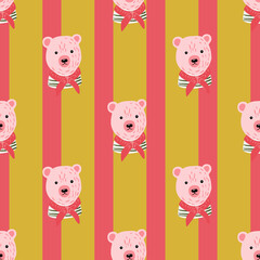 Obraz premium Bright seamless pattern with pink bear head ornament in marine style. Pink and ocher striped background.