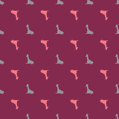 Bright seamless pattern with pink and blue colored giraffe ornament. Dark violet background.