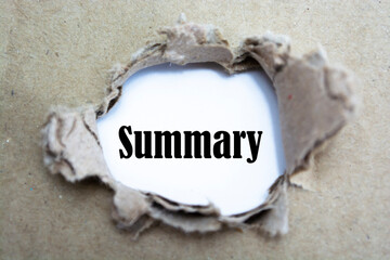 The word Summary appearing behind torn brown paper.