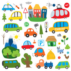 Naklejka premium Cars Cartoon Set. Cute transport Doodles collection, vector illustration
