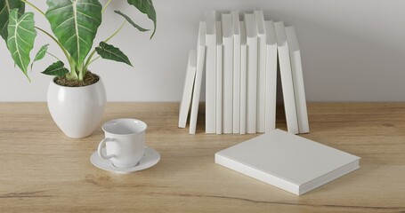 3d render Working desk with white background. blank book, coffee cup and green plant on shelf. minimal workspace. wall concept template.