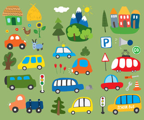 Naklejka premium Cars Cartoon Set. Cute transport Doodles collection, vector illustration