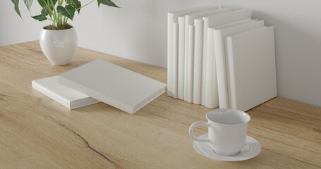 3d render Working desk with white background. blank book, coffee cup and green plant on shelf. minimal workspace. wall concept template.