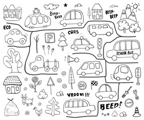 Cars Cartoon Set. Cute transport Doodles collection, vector illustration