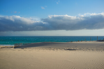 View of Valdevaqueros dune and beach in Tarifa. Natural landscape of Cadiz coast in Andalusia Spain