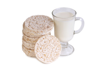 Glass and a bottle of milk and bread. Isolated object on white background