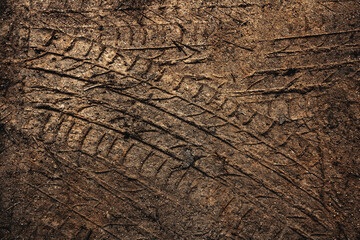 Tyre track on dirt sand or mud, Picture in retro or grunge tone. Car drive on sand. off road track. Track on grass field. Track in farm.