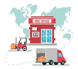 post office building facade with truck and forklift