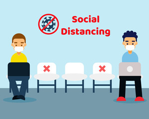 Social Distancing with COVID-19 crisis concept: There are people who wear face masks for protect corona virus. Cartoon vector style for your design.