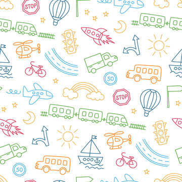 Children drawing of cars, train, plane, helicopter and rocket. Doodle transport. Seamless pattern in kid style. Hand drawn vector illustration on white background