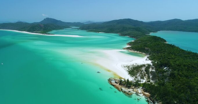 4K aerial forward tracking motion of Hill Inlet at Whitehaven beach,Whitsunday Islands,Queensland,Australia